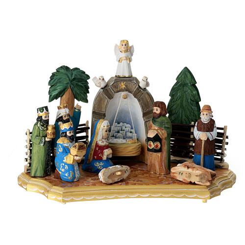 Russian Nativity Scene, carved and hand-painted wood, 6 in 8