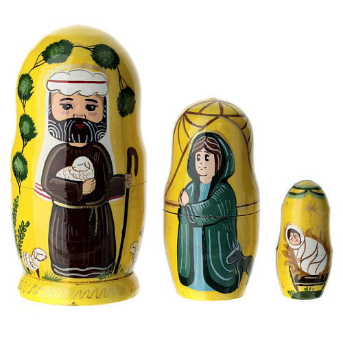 Yellow Russian doll with Nativity, set of 3, hand-painted, 4 in 1