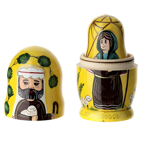 Yellow Russian doll with Nativity, set of 3, hand-painted, 4 in 2