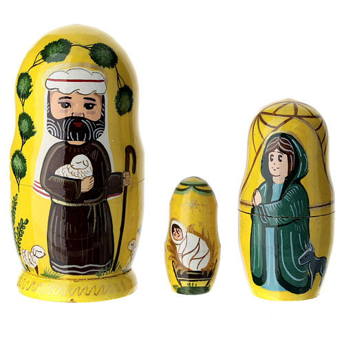 Yellow Russian doll with Nativity, set of 3, hand-painted, 4 in 3