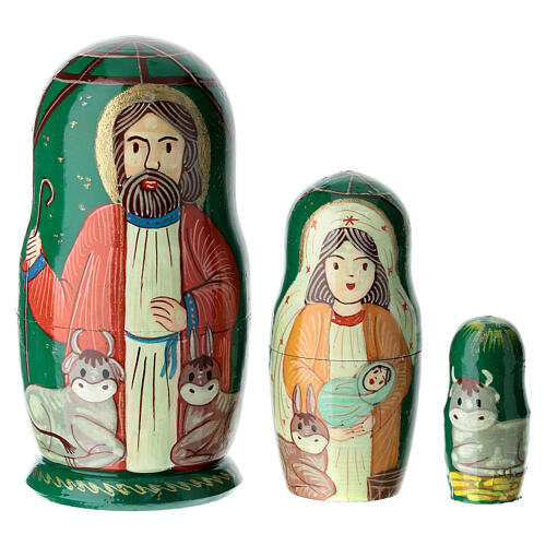 Green Russian doll with Nativity, hand-painted, 4 in 1