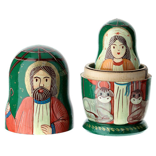 Green Russian doll with Nativity, hand-painted, 4 in 2