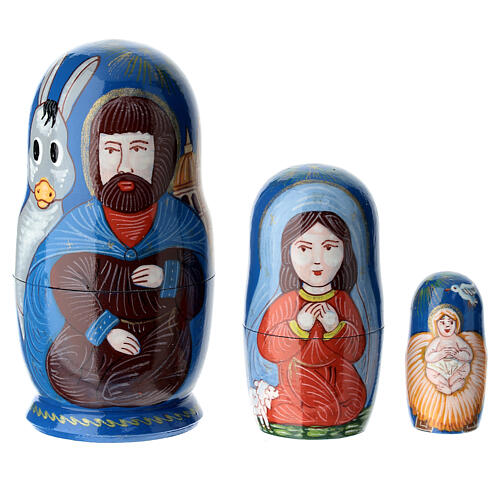 Blue Russian doll with Nativity, Florence, set of 3, 4 in 1