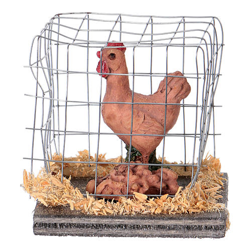 Miniature poulet marron en cage pour crèche de 10 cm 1