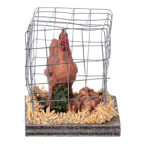 Miniature poulet marron en cage pour crèche de 10 cm 2