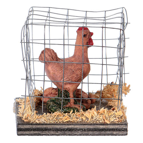 Miniature poulet marron en cage pour crèche de 10 cm 3