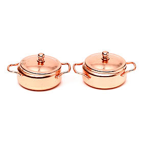 Pans in copper coloured metal, nativity set, 2pcs