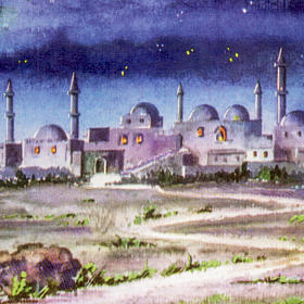 Triptychon aus Holz: Hintergrund Krippe arabische Landschaft 20x42 cm