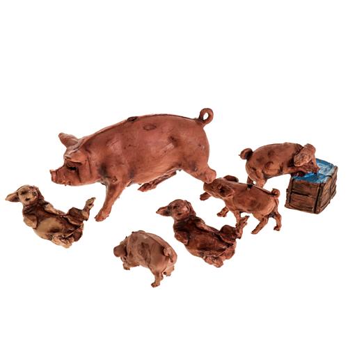 Nativity figurines, pig with 5 piglets in resin, 10cm 1