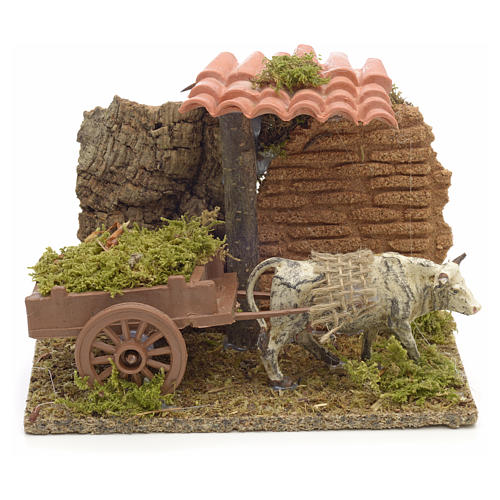 Nativity setting, white ox with cart 10x14x9cm 1