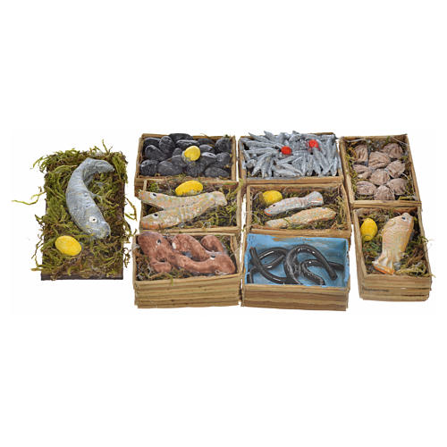 Neapolitan Nativity scene accessory, fish boxes, 9 pieces 1