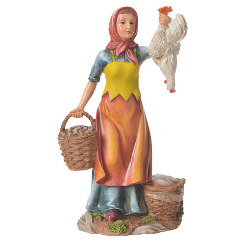 Mujer con gallinas y cesta para belenes de 30cm, resina 1