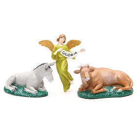 Donkey, ox and Angel of glory in painted PVC 10cm