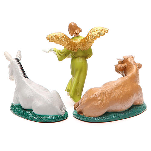 Donkey, ox and Angel of glory in painted PVC 10cm 2