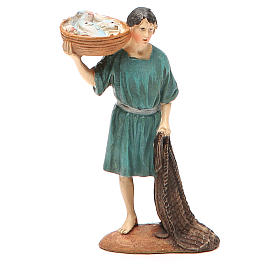 Pescador com rede e cesta resina pintada 10 cm Linha Landi