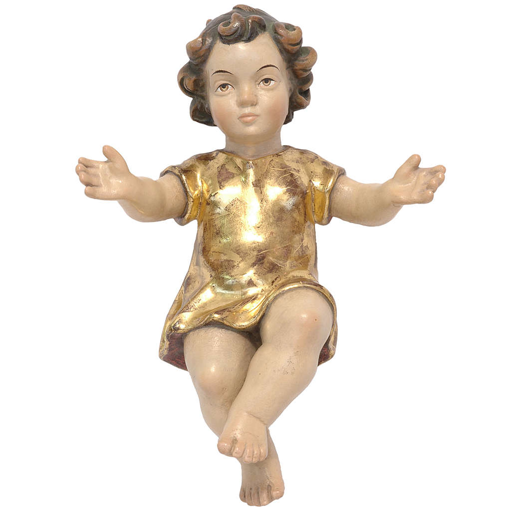 Baby Jesus with clothes in Valgardena wood, old antique gold online