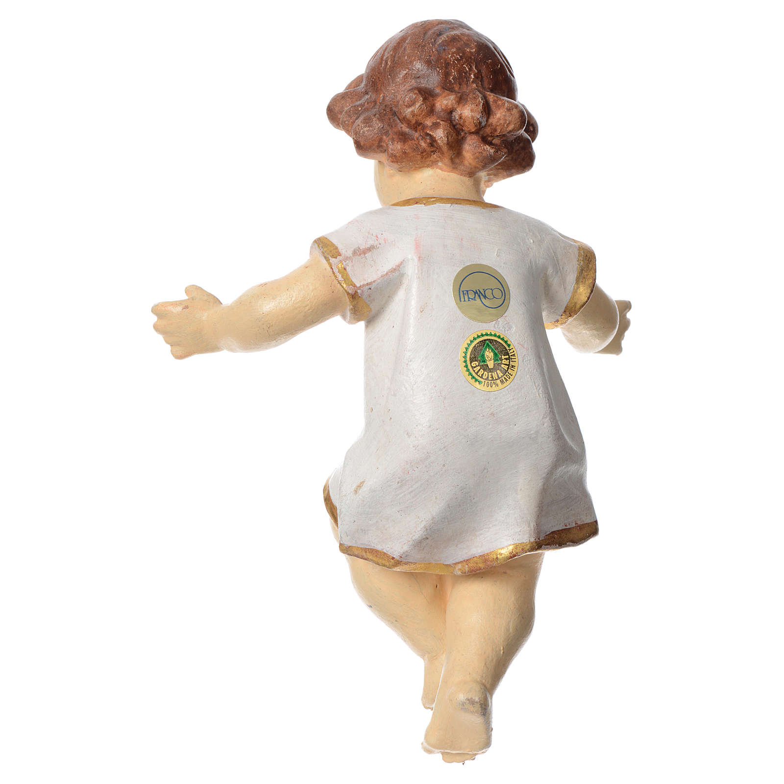 Baby Jesus with clothes in Valgardena wood, old antique gold fin