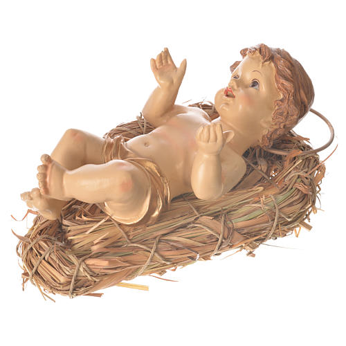Baby Jesus resin figurine laying on a straw cradle, 25cm 2