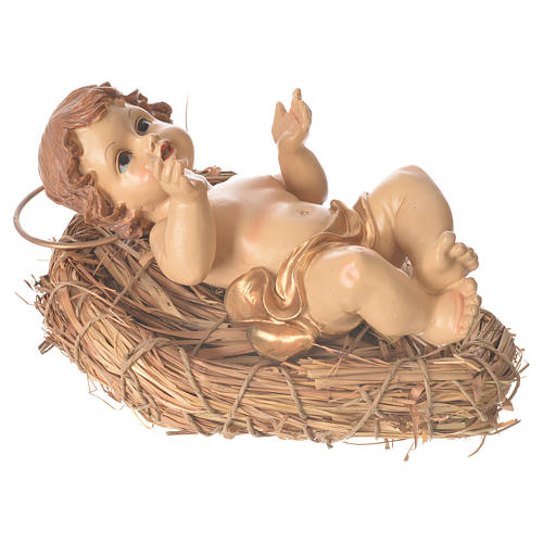 Baby Jesus resin figurine laying on a straw cradle, 25cm 3