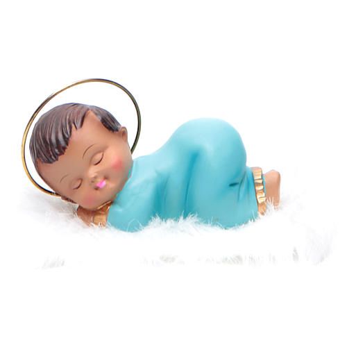 Sleeping Baby Jesus with halo 7,5 cm in resin, blue 1