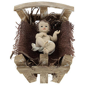 Statue Gesù Bambino: Gesù Bambino resina con culla legno 16 cm (h reale)