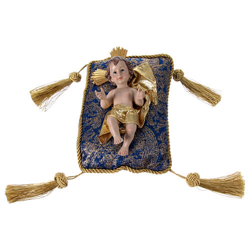 Niño Jesús 20 cm de resina con cojín de tela azul y oro 1