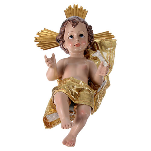 Niño Jesús 20 cm de resina con cojín de tela azul y oro 3
