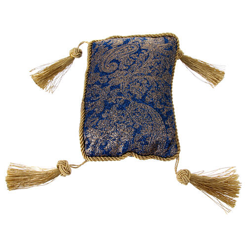 Bambinello 20 cm in resina con cuscino in stoffa blu e oro 4