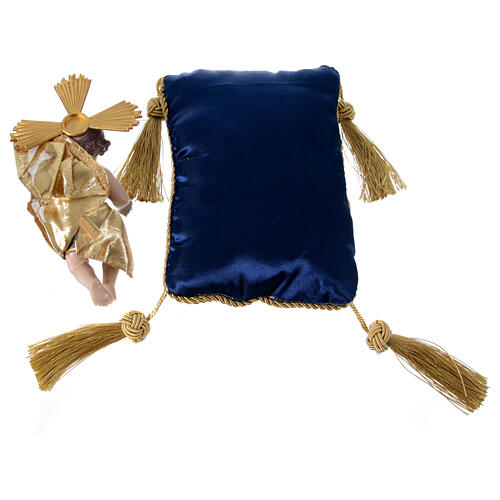 Bambinello 20 cm in resina con cuscino in stoffa blu e oro 5