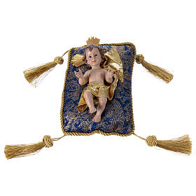 Menino Jesus 20 cm de resina com almofada de tecido ouro e azul escuro
