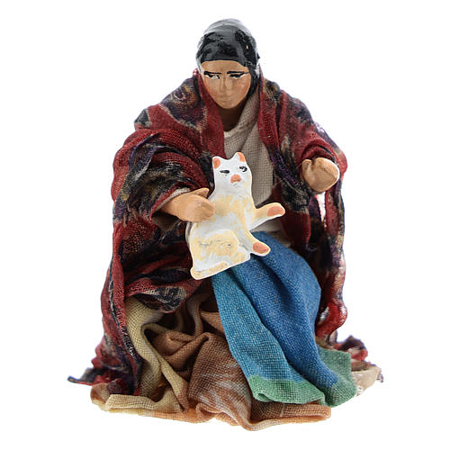 Neapolitan Nativity figurine, woman with cat, 8 cm 1