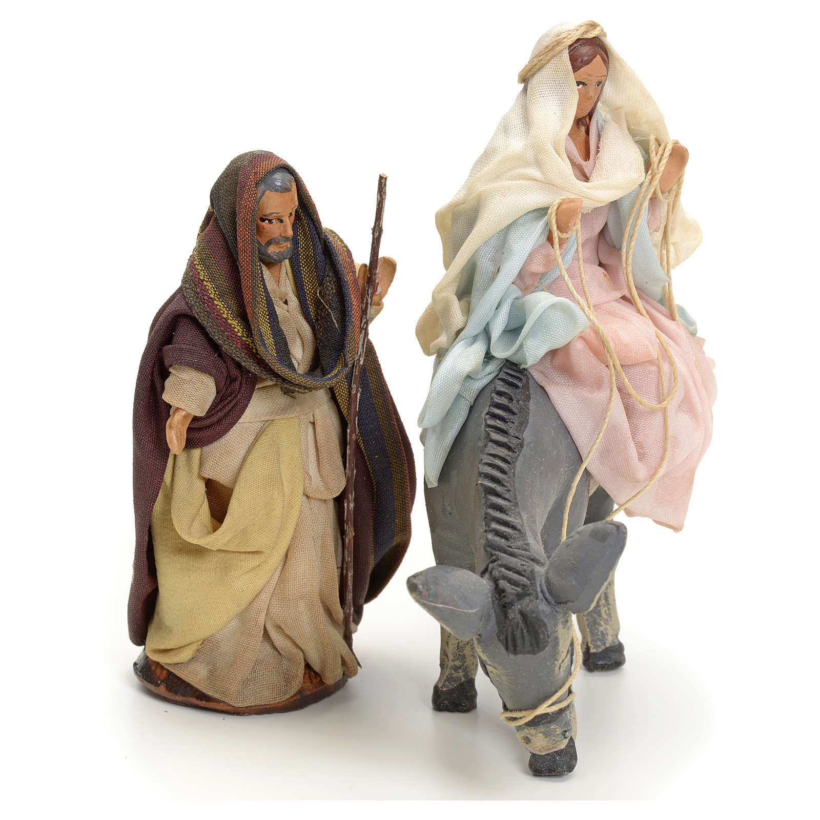 Neapolitan Nativity figurines, Joseph and pregnant Mary on donkey 8cm