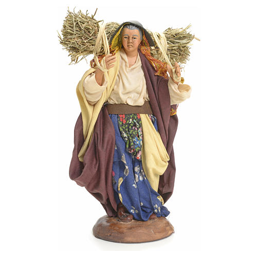 Neapolitan Nativity figurine, woman with straw bundle, 18 cm 1