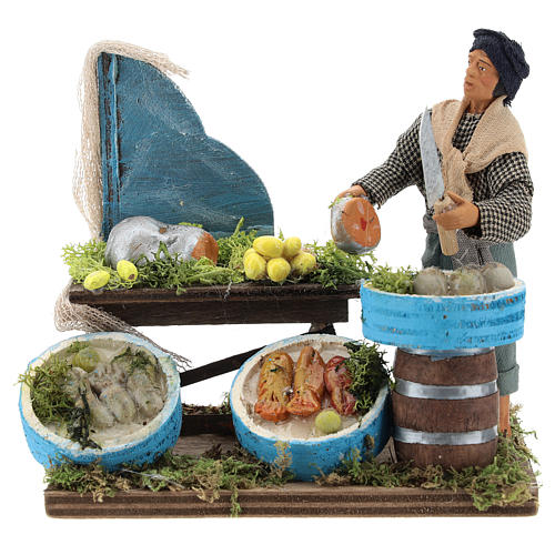Fishmonger with wooden stall, Neapolitan nativity figurine 12cm 1