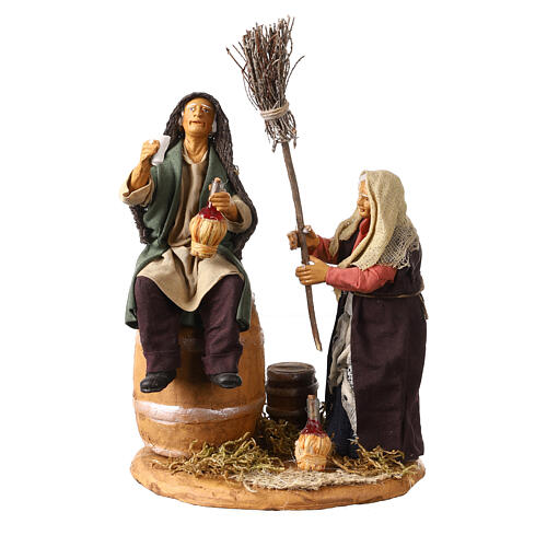 Scene with drunken man and woman with broomstick, Neapolitan nativity 12cm 1
