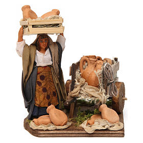 Woman selling amphorae with cart Neapolitan nativity figurine 10cm
