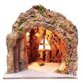 Nativity scene cave in Naples, illuminated and with a fire effect 35x40x22 cm 