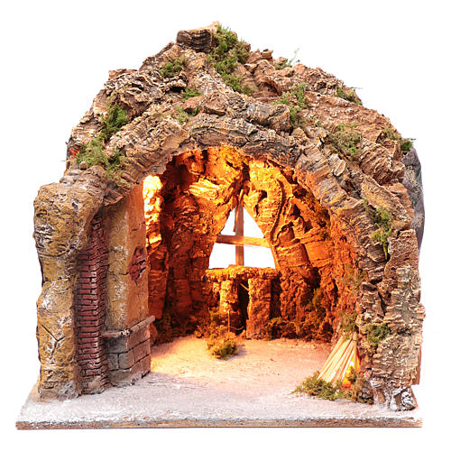 Nativity scene cave in Naples, illuminated and with a fire effect 35x40x22 cm  1