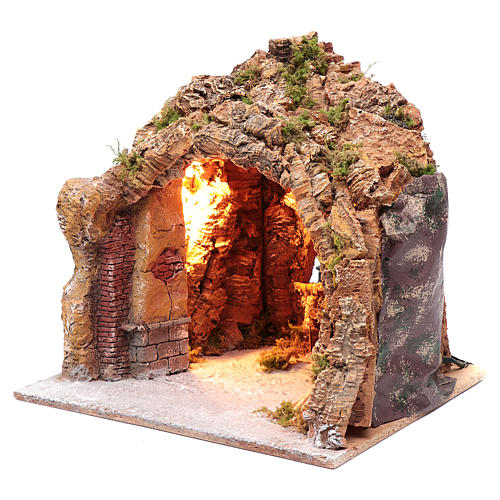 Nativity scene cave in Naples, illuminated and with a fire effect 35x40x22 cm  2