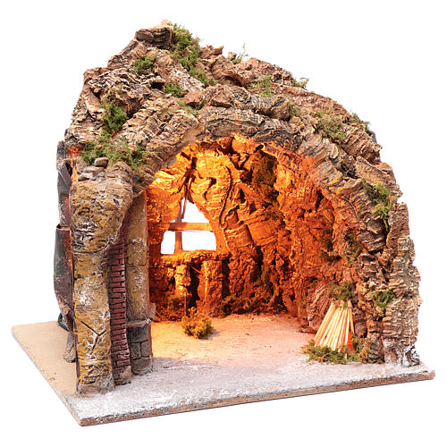 Nativity scene cave in Naples, illuminated and with a fire effect 35x40x22 cm  3