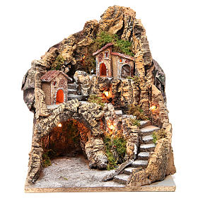 Pueblo con cueva iluminado para belén de Nápoles 37x28x34 cm