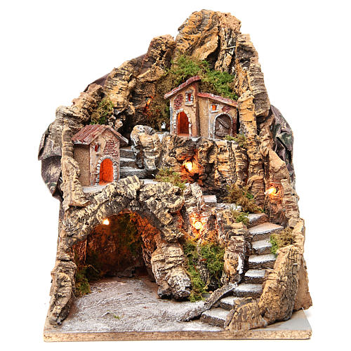 Bourgade avec grotte illuminée crèche Naples 37x28x34 cm 1