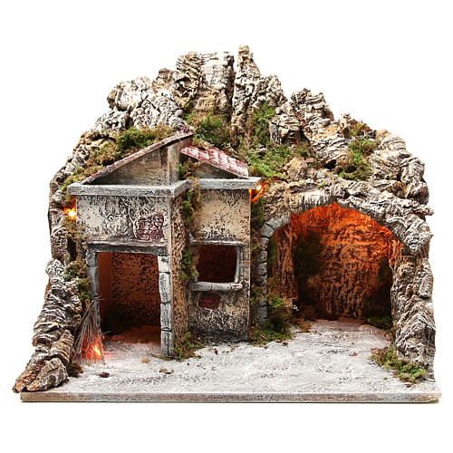 Illuminated stable with houses and fire, nativity scene 50x43x40cm 1