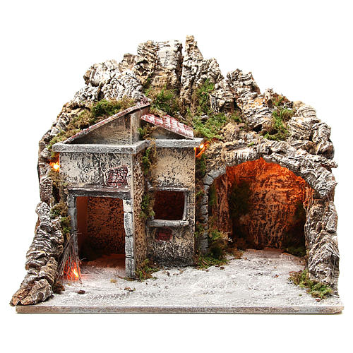 Capanna con case e effetto fuoco 50x43x40 cm 1