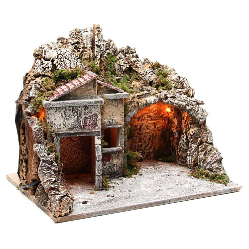 Illuminated stable with houses and fire, nativity scene 50x43x40cm 3