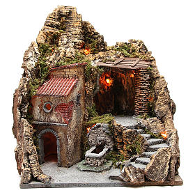 Neapolitan nativity scene village with cave and fountain 38x45x35 cm