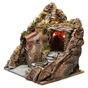 Neapolitan nativity scene village with cave and fountain 38x45x35 cm