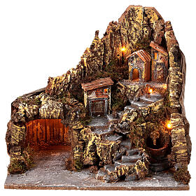 Neapolitan nativity scene village with cave and fountain 40x34x40 cm