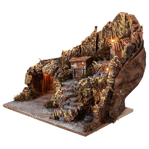 Neapolitan nativity scene village with cave and fountain 40x34x40 cm 2