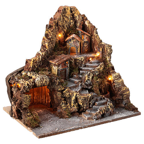 Neapolitan nativity scene village with cave and fountain 40x34x40 cm 3